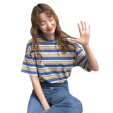 Spring Summer Preppy Style Women's T shirts Rainbow Striped Short Sleeve T-shirt Cotton Tops Loose Tshirt 2019 Fashion