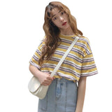 Spring Summer Preppy Style Women's T shirts Rainbow Striped Short Sleeve T-shirt Cotton Tops Loose Tshirt 2019 Fashion