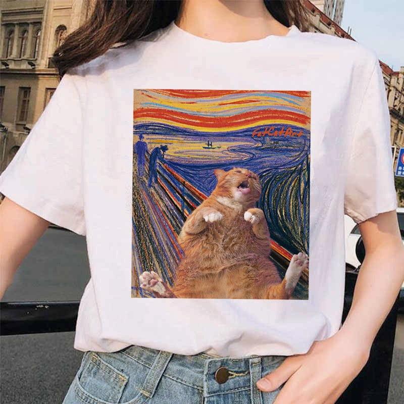 van gogh cat Women T Shirt Art Oil Painting Lattice Print New Cute Female T-shirt Casual Harajuku Tshirt funny ulzzang grunge