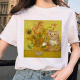 van gogh cat Women T Shirt Art Oil Painting Lattice Print New Cute Female T-shirt Casual Harajuku Tshirt funny ulzzang grunge