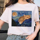 van gogh cat Women T Shirt Art Oil Painting Lattice Print New Cute Female T-shirt Casual Harajuku Tshirt funny ulzzang grunge