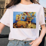 van gogh cat Women T Shirt Art Oil Painting Lattice Print New Cute Female T-shirt Casual Harajuku Tshirt funny ulzzang grunge