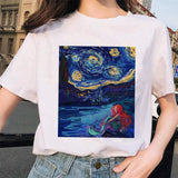 van gogh cat Women T Shirt Art Oil Painting Lattice Print New Cute Female T-shirt Casual Harajuku Tshirt funny ulzzang grunge