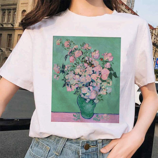 van gogh cat Women T Shirt Art Oil Painting Lattice Print New Cute Female T-shirt Casual Harajuku Tshirt funny ulzzang grunge