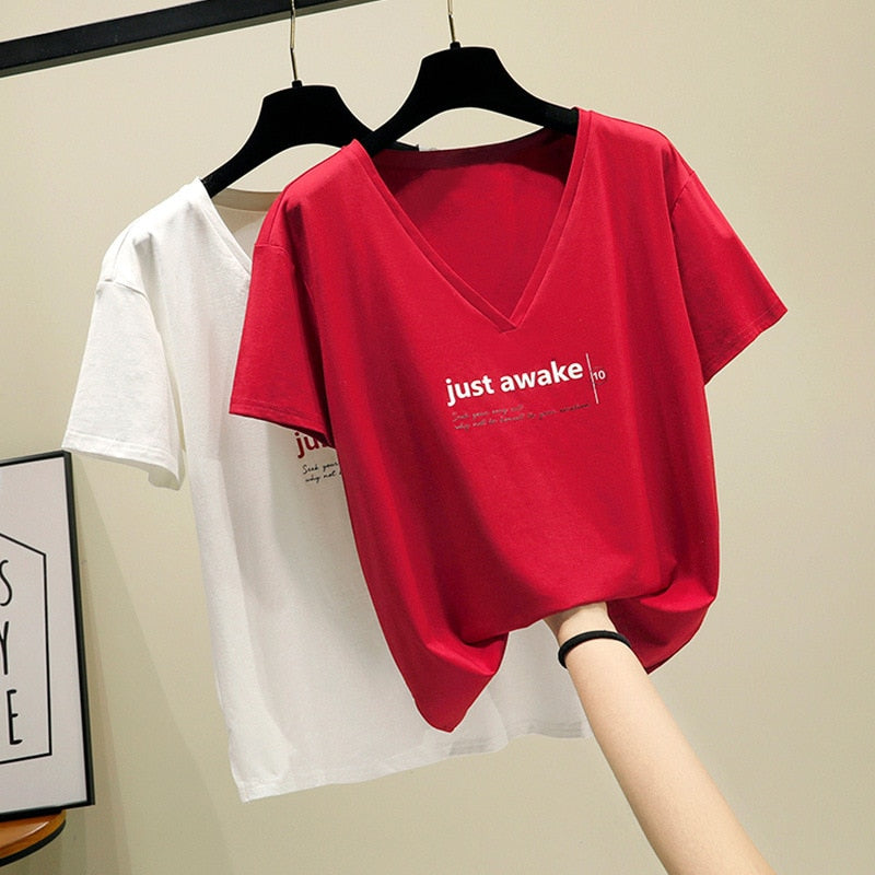 Women T-shirt Cotton Casual Harajuku V Neck Short Sleeve Print Letter T-shirt Plus size Women Red White Camiseta Mujer 2019 A06