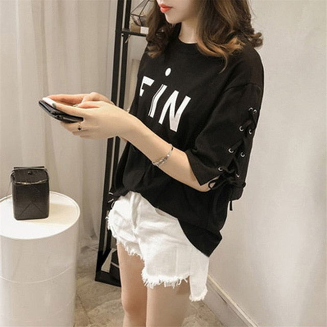 2019 New T-Shirt Women Spring And Summer New Personality Letter Print Casual Lace-Up Tops Short-Sleeved Loose T-Shirt Female