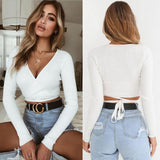 2018 Summer Women Slim T-shirt Black White Khaki Long Sleeve T shirt Cross V-neck Sexy Crop Top