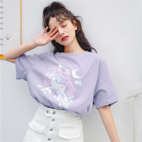 Dreamlikelin Harajuku Kawaii Clothes Summer Korean Fashion Spring T Shirt Sweet Printed Cartoon Unicorn Moon Stars Girl T-shirt