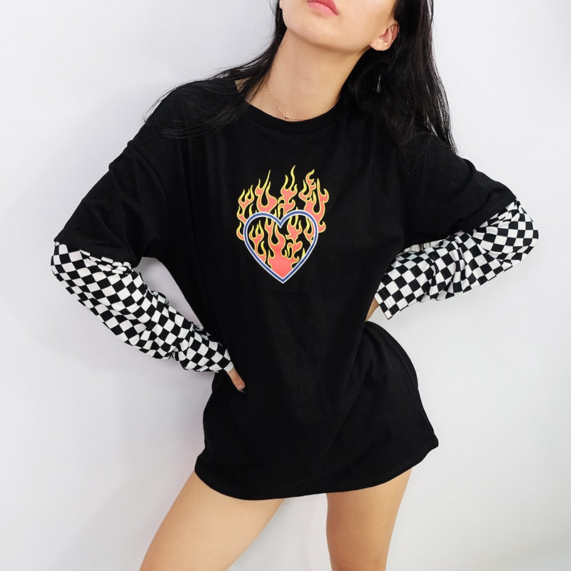 Women Plaid Patchwork Long Sleeve Flaming Heart Print Sweatshirt Top Black Checkboard Pullover T Shirt GRNSHTS