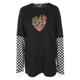 Women Plaid Patchwork Long Sleeve Flaming Heart Print Sweatshirt Top Black Checkboard Pullover T Shirt GRNSHTS