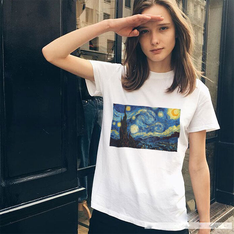 The Starry Night Print Harajuku Women Tshirt Summer Vogue White O-Neck Short Sleeve T shirt Women Tumblr  vintage Tops Tee Shirt